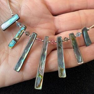 Silver 925 Abalone Shell (Green,Blue,Pink) Bar Necklace with Swarovski Crystals.